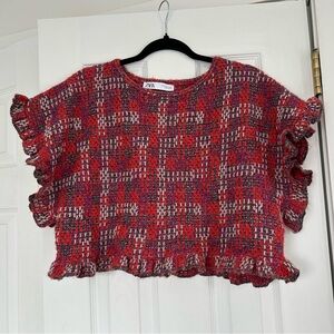 Zara Red and Purple Plaid Ruffle Crop Top